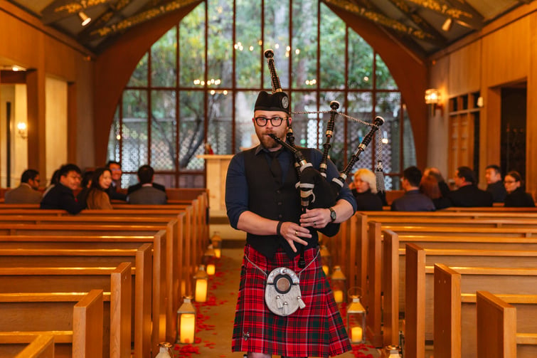 Bagpiper playing at the Officers Club at the Presidio