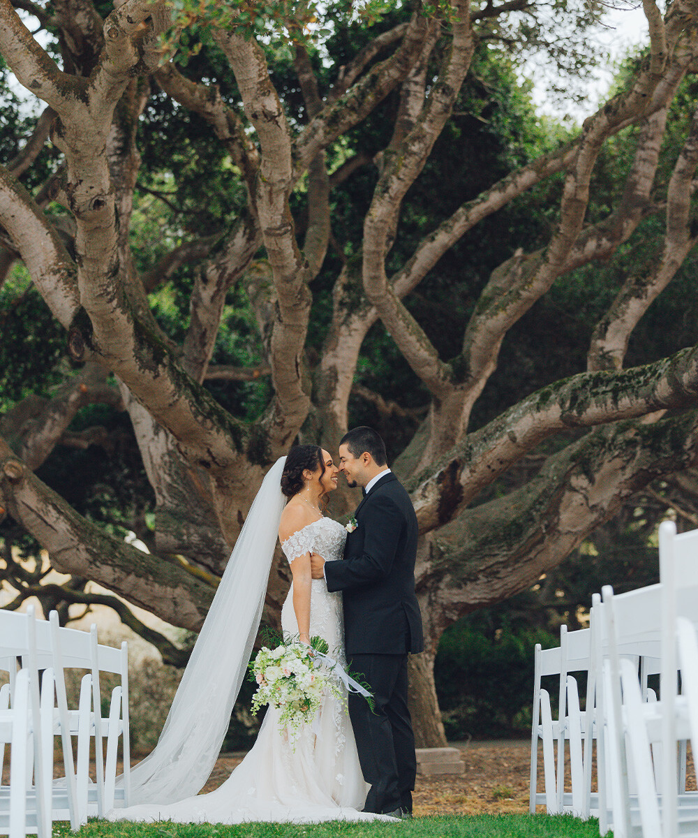 Newlyweds in front of tree - Carmel Fields by Wedgewood Weddings