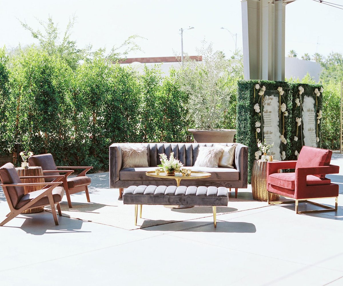 Lounge furniture setup on cocktail patio - Clayton House by Wedgewood Weddings