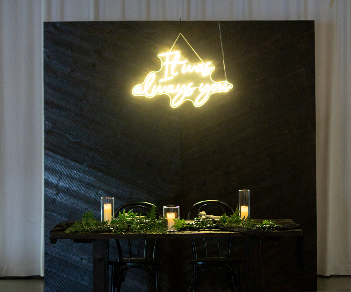 Glam sweetheart table with neon sign - Croft Downtown by Wedgewood Weddings