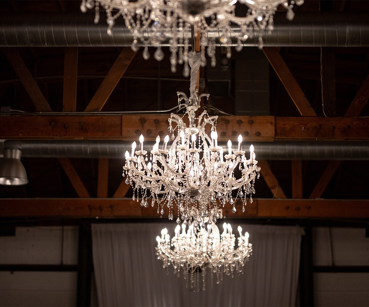 Industrial elegant chandeliers at Croft Downtown by Wedgewood Weddings