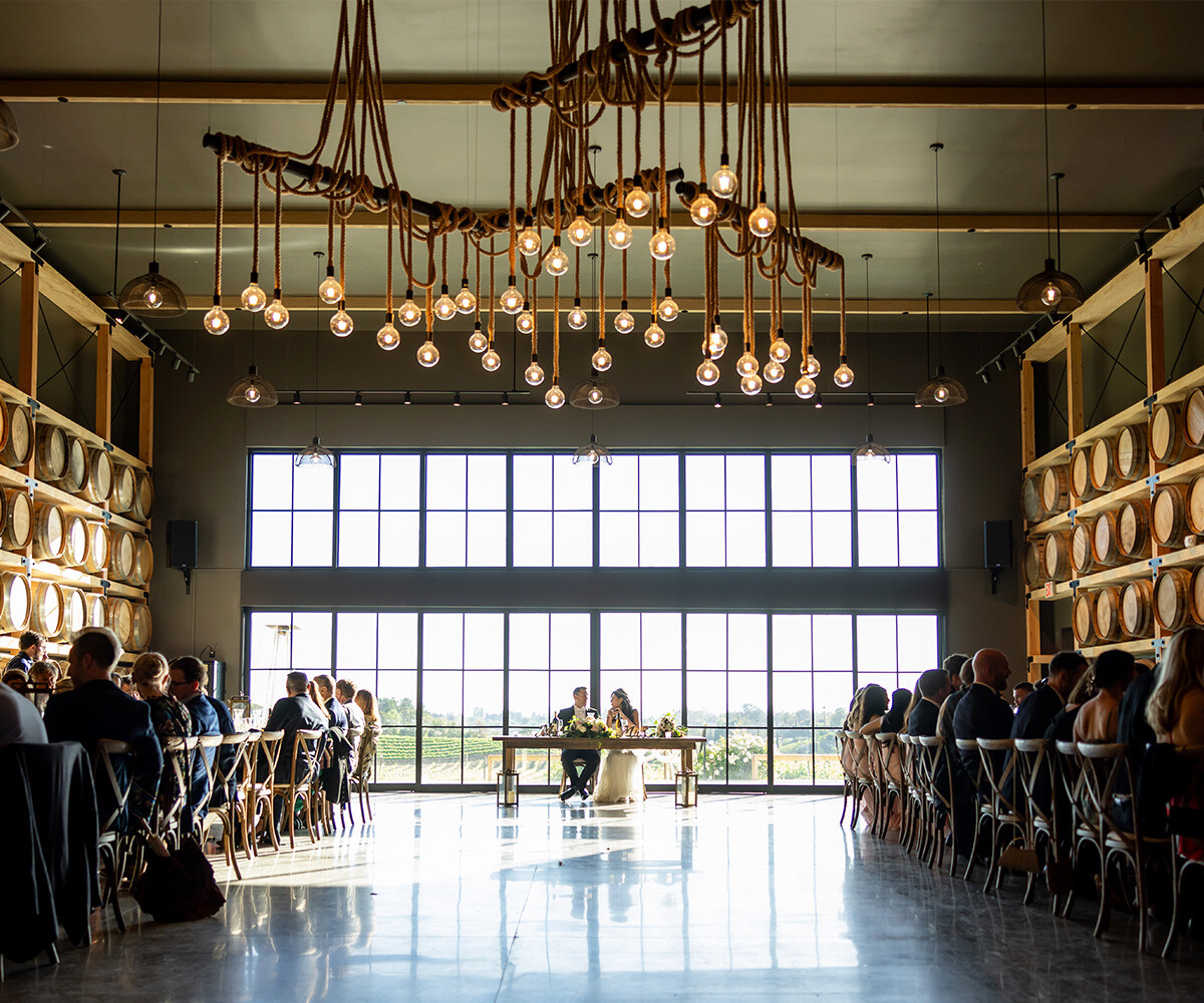 Newlyweds in front of glass doors - Danza del Sol Winery by Wedgewood Weddings