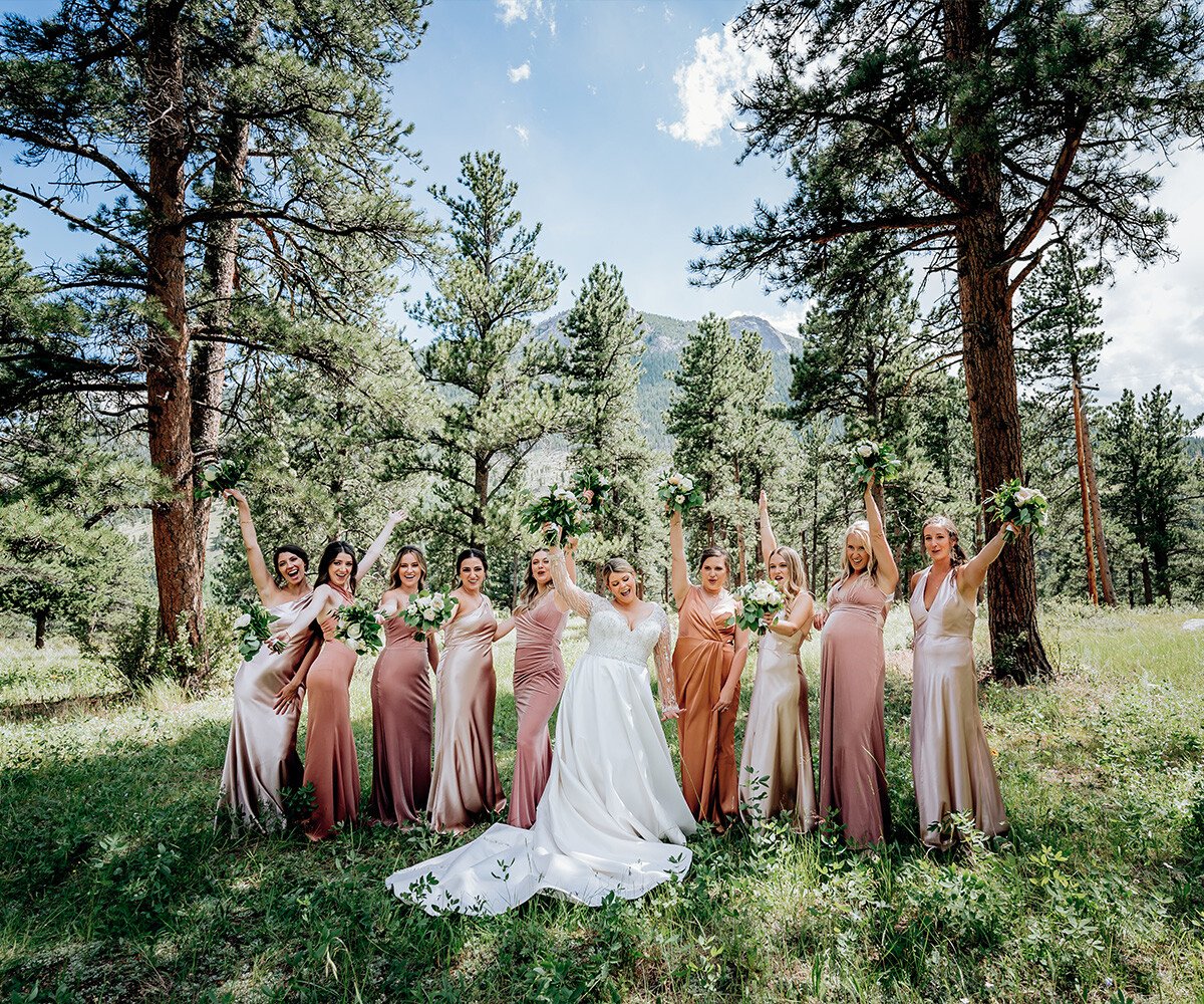 Bride and wedding party in woods - Della Terra by Wedgewood Weddings