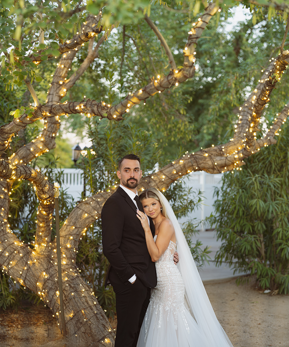 Couple in front of tree with twinkle lights - Lindsay Grove by Wedgewood Weddings