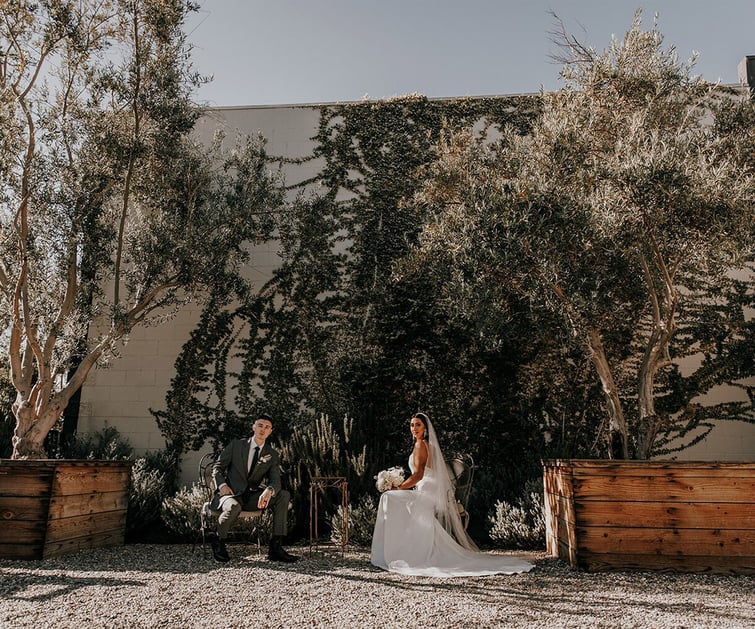 Modern wedding portraits at The Harper featuring olive grove planters, white stucco walls, and gravel paths - Costa Mesa wedding venue