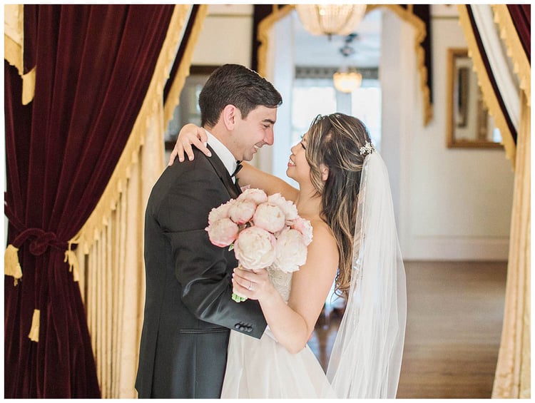 Happy Newlyweds & Beautiful Peony Bouquet by A Love's In Bloom