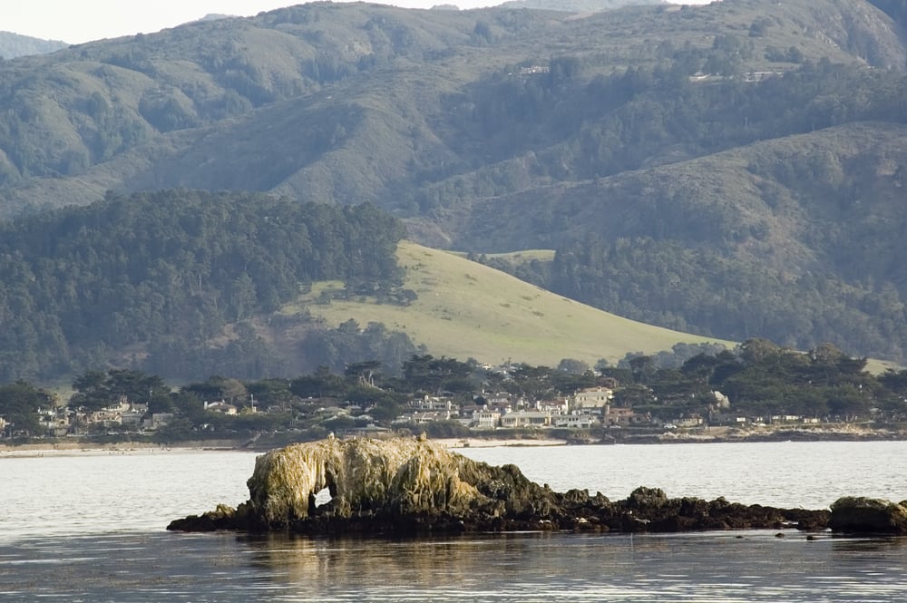 Scenic view of coastal town from across a bay in central California