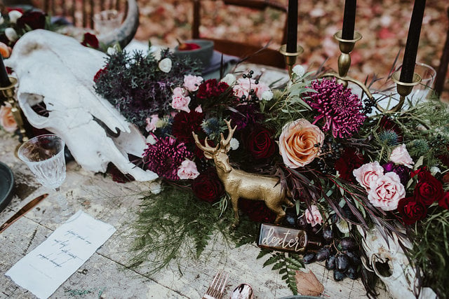 Dark & Mysterious Forest Wedding Table Setting